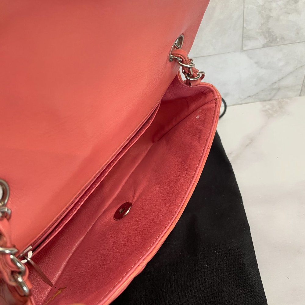 Chanel Mini Classic Flap Pink Coral Orange Lambskin Rectangular Crossbody Silver - Picture 14 of 15